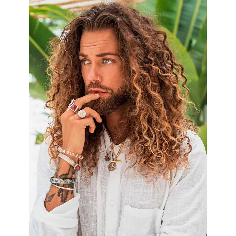 Curly Auburn Capless Long Synthetic High-Volume Viking Men Wigs