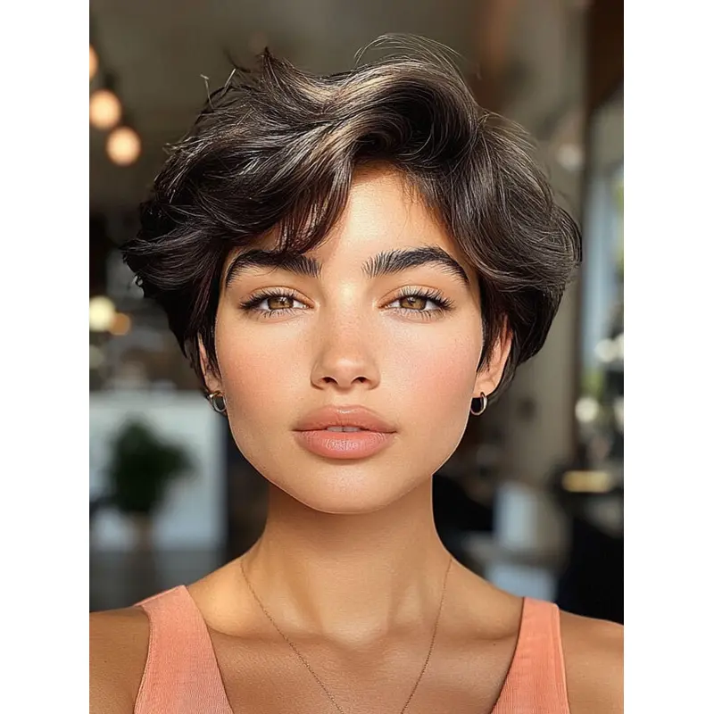 Short Black Wig Remy Human Hair Wavy Bobs 8" Lace Front Wigs