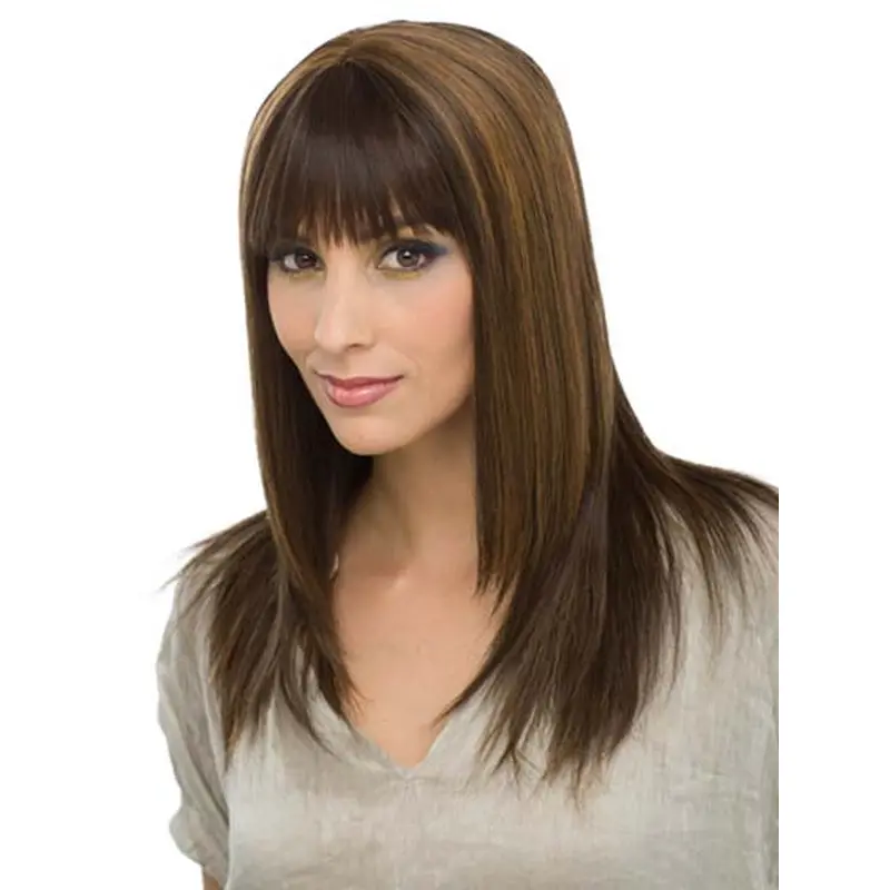 Sleek Brown Straight Long Human Hair Wigs
