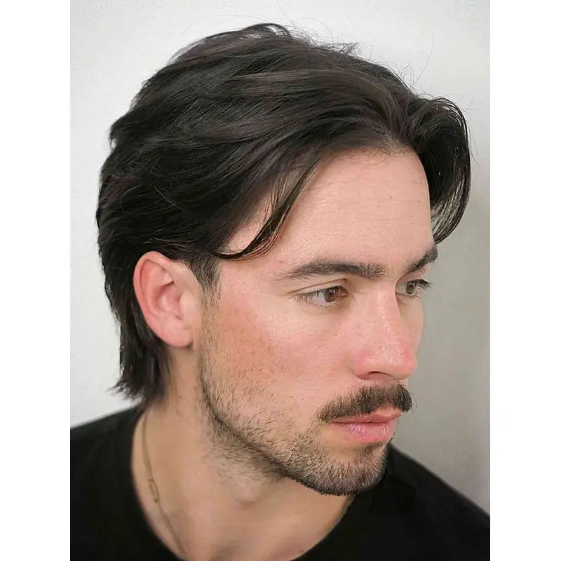 Mens Black Wigs 6" Wavy Monofilament Layered Wigs