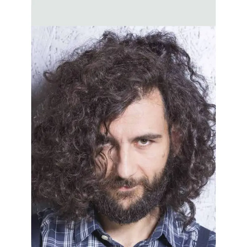 Real Hair Mens Wigs Layered Black Monofilament Curly Wigs