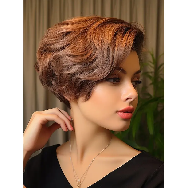 Short Hair Styles Wigs 8" Boycuts Auburn Wavy Monofilament Wigs