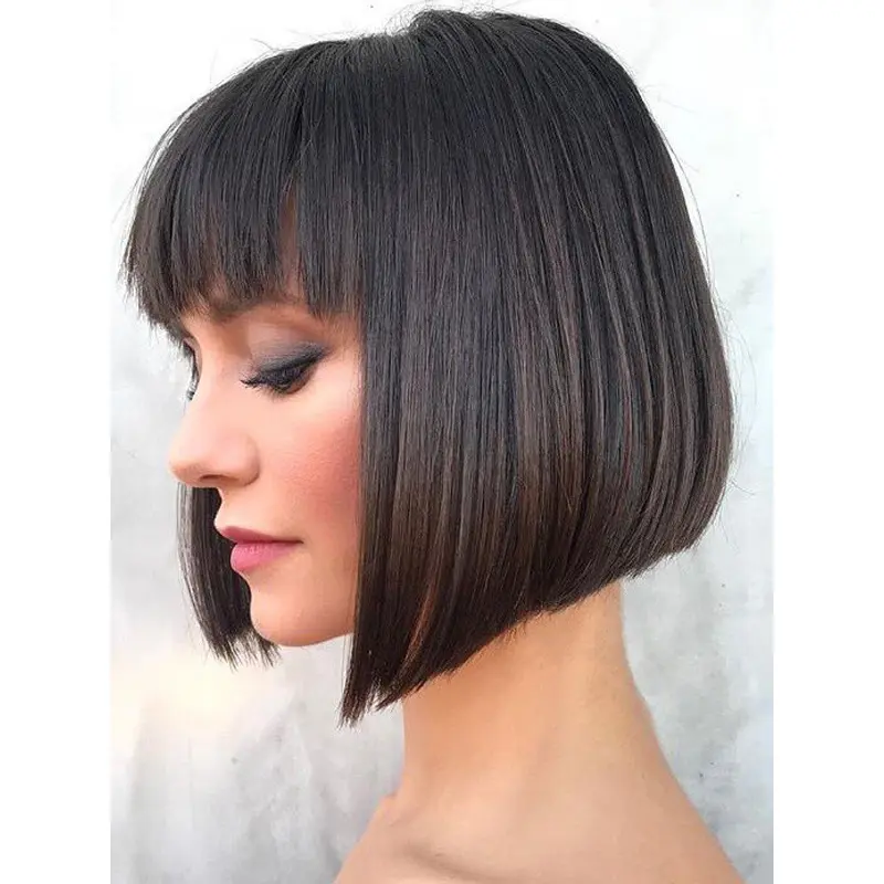 Bob Lace Wig Human Hair Chin Length Straight 10" Black Wigs