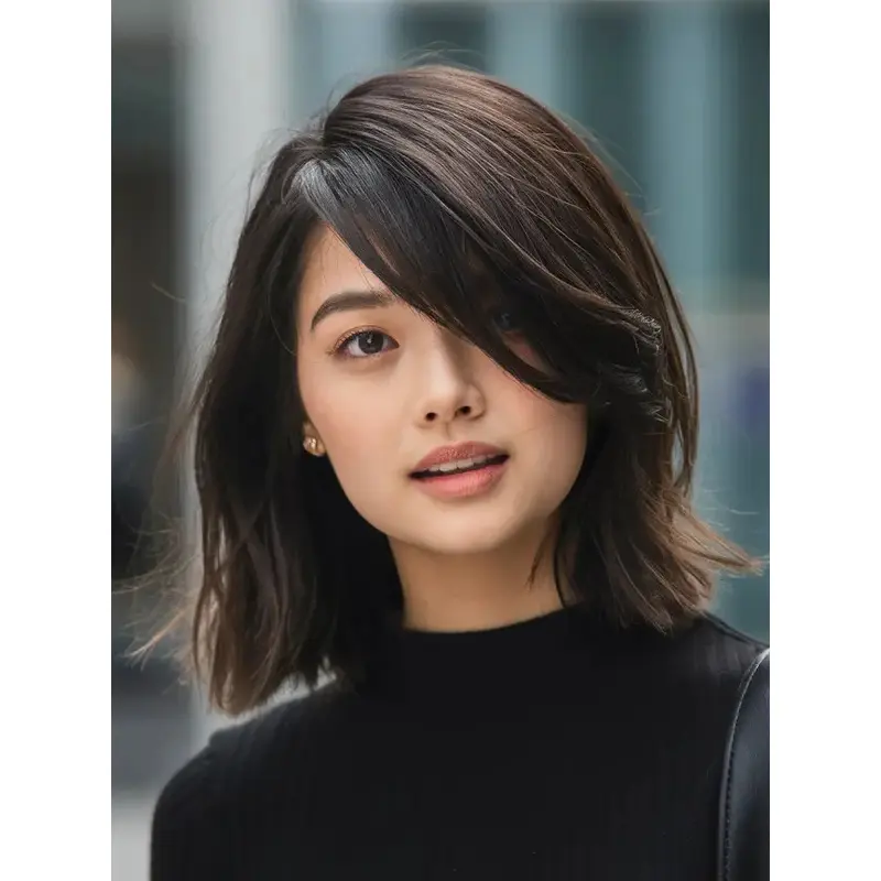 Medium Length Straight Wig Remy Human Hair Bobs Lace Front 12" Black Wigs