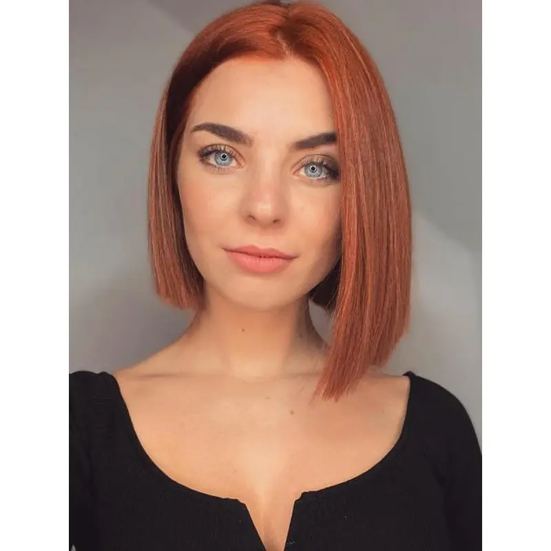 Straight Human Hair Bob Wig Auburn Lace Front Chin Length 10" Wigs