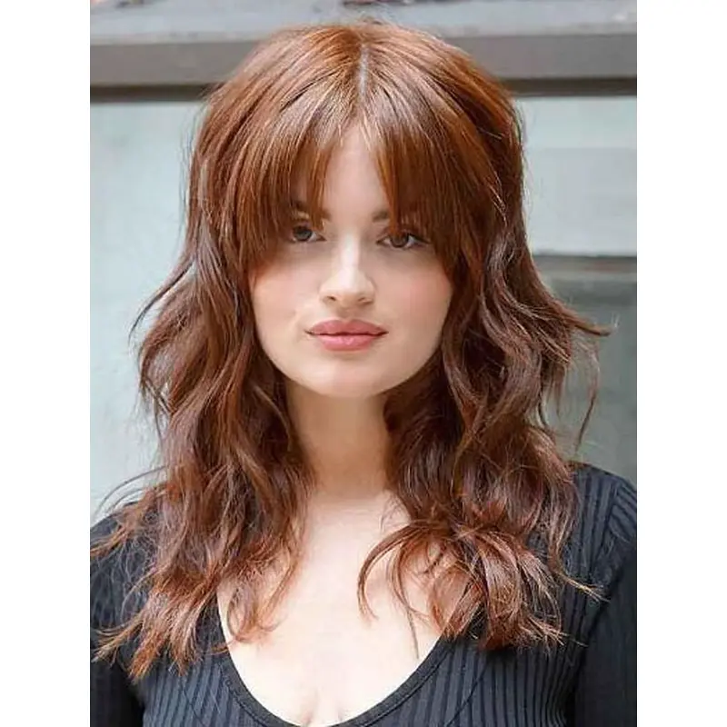 Womens Wigs Shoulder Length Lace Wigs Synthetic With Bangs Auburn Wigs