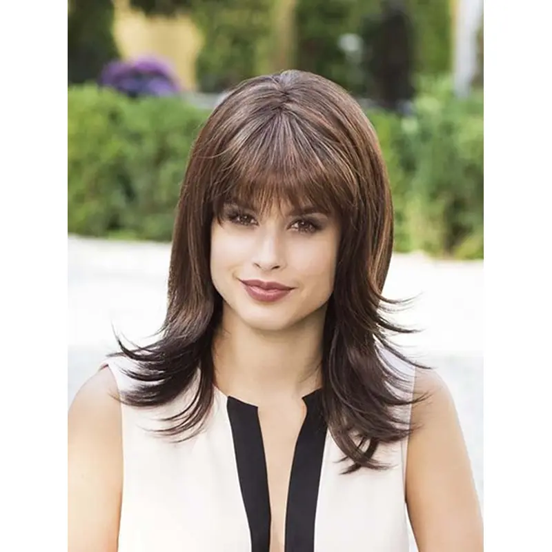 Brown With Bangs Synthetic 14" Straight Medium Wig For Women