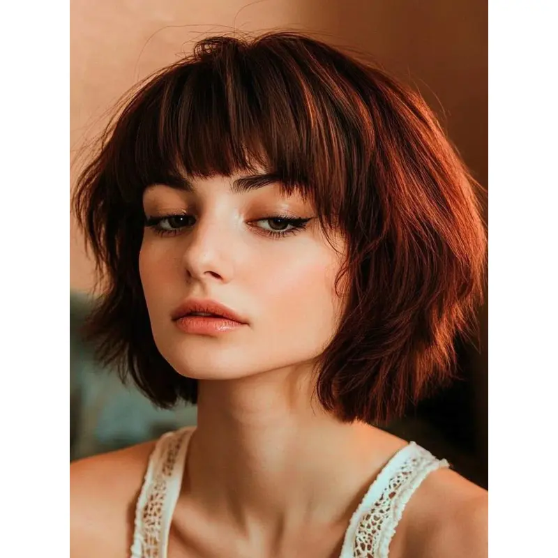 Human Hair Wavy Bob Wigs Auburn 10" Chin Length Monofilament Wigs