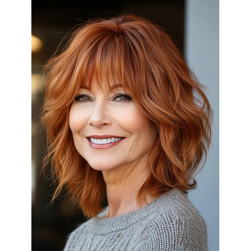Medium Length Wigs Human Hair With Bangs Monofilament 12" Auburn Wavy Wigs
