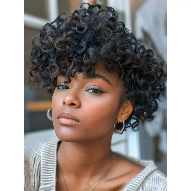 African American Short Wigs Curly Black With Bangs Wigs