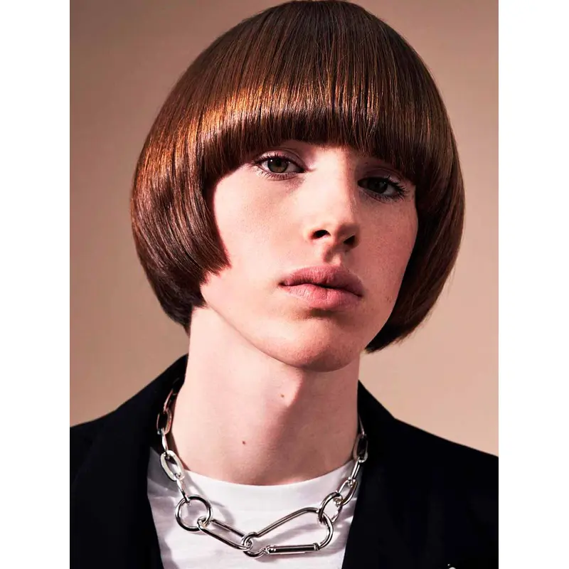 Straight Auburn Capless Medium Synthetic Blunt Bowl Men Wigs