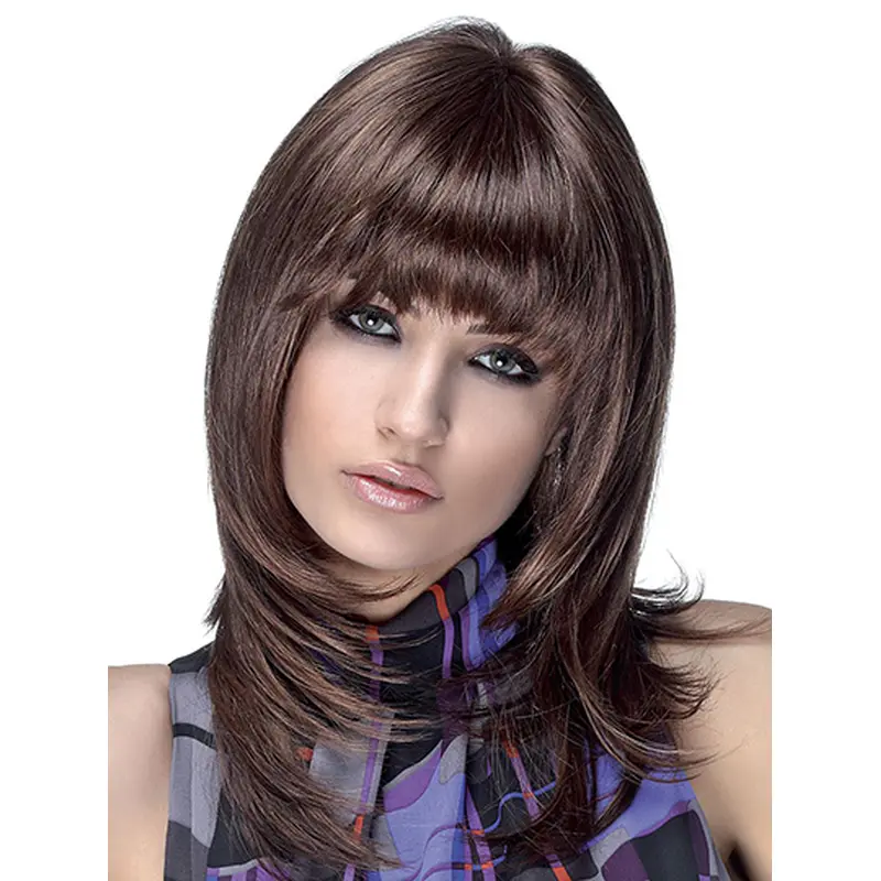 Straight Shoulder Length Brown Synthetic Layered Monofilament Wigs For Women