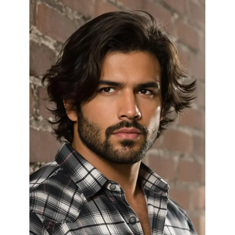 Human Hair Wigs Men Layered 8" Wavy Black Short Wigs