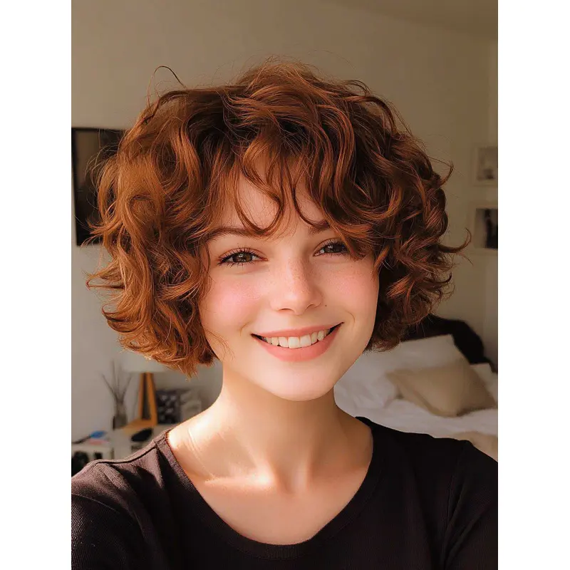 Short Curly Human Hair Wigs Bobs Auburn 8" Lace Front Wigs