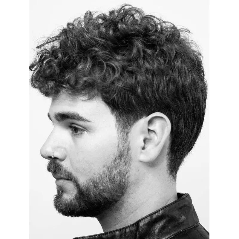 Curly Capless Remy Human Hair Black Short Classic Men's Wigs