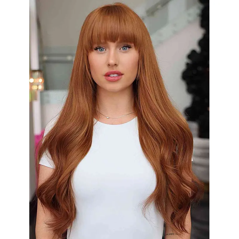 Long Hair Wigs With Bangs Auburn Wavy Lace Front Wigs Synthetic Layered Long Wigs