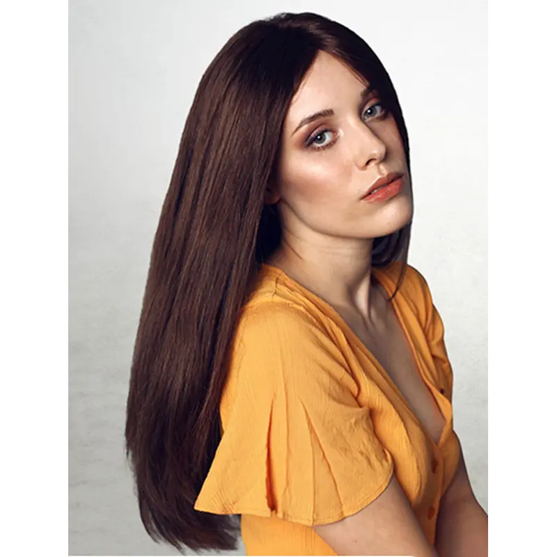 Straight Long 100% Hand-tied Brown Without Bangs Human Hair Wigs For Women