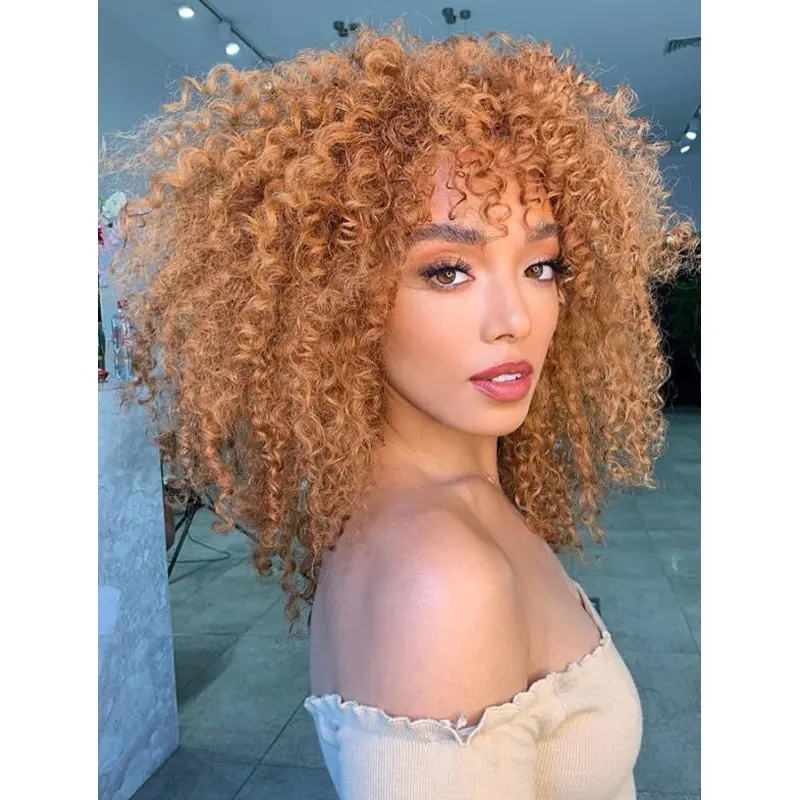 Curly Wigs Lace Front Auburn Synthetic Sleek Wispy Bangs Wigs