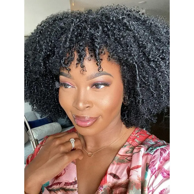 Human Hair Wig For African American Shoulder Length With Bangs Monofilament Wigs