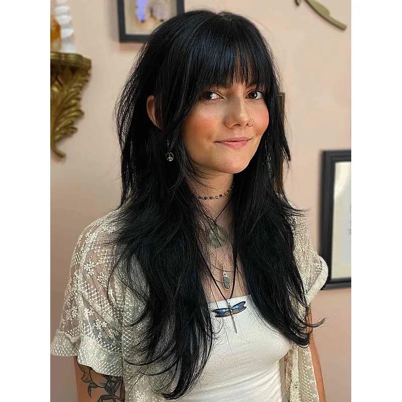 Synthetic 18" Monofilament Long Black Wigs With Bangs