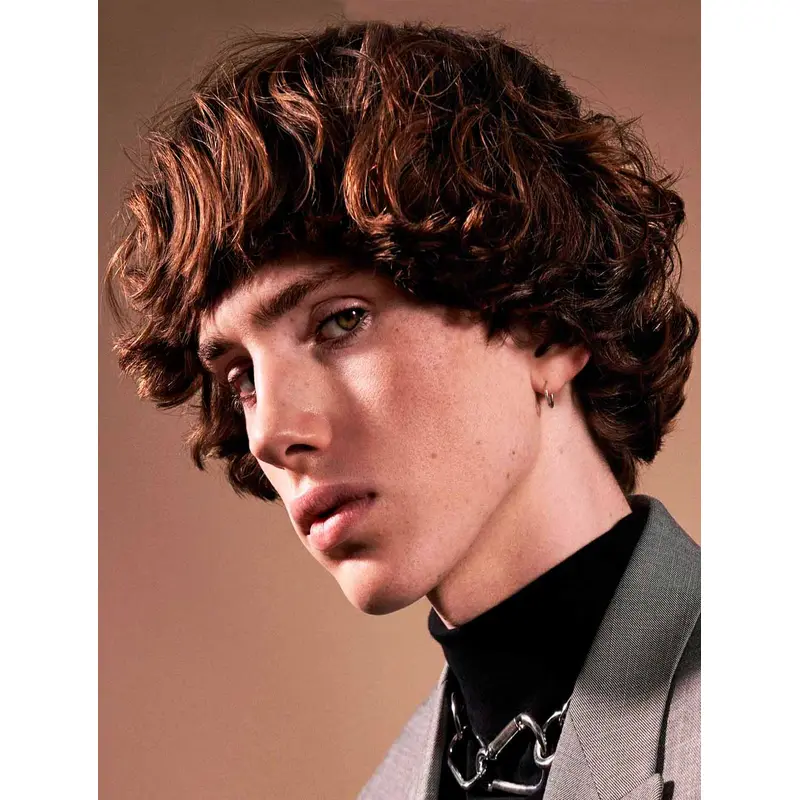 Wavy Auburn Capless Medium Remy Human Hair Wavy Bowl Cut Men Wigs