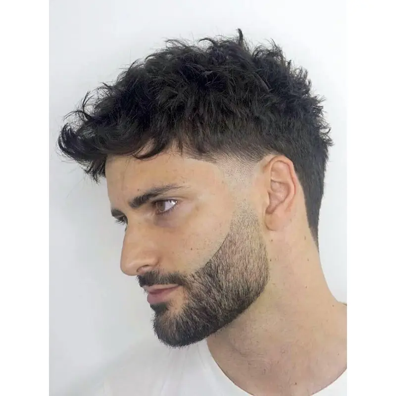 Wavy Monofilament Black Remy Human Hair Temple Fade Short Curly Men Wigs
