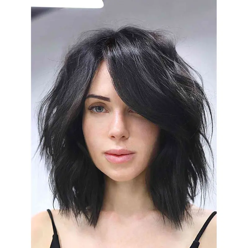 Layered Wigs Medium Length Monofilament Straight Black 12" Remy Human Hair Wigs