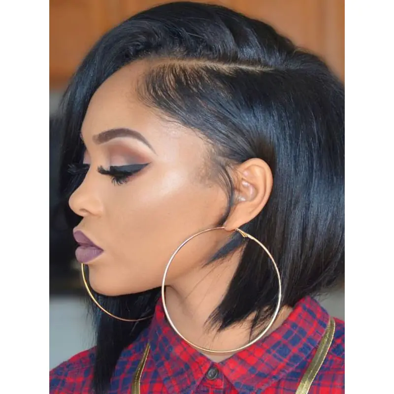 African American Wigs Human Hair With Bangs 10" Straight Wigs