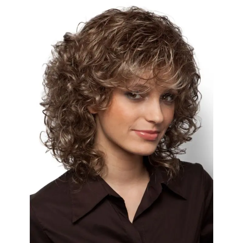 Comfortable Curly Brown With Bangs Affordable Wigs
