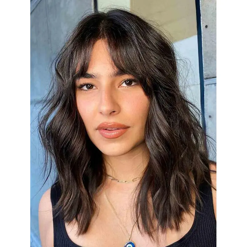 Soft Shoulder Length Wavy Lace Front Synthetic Black With Bangs Middle Part Wigs