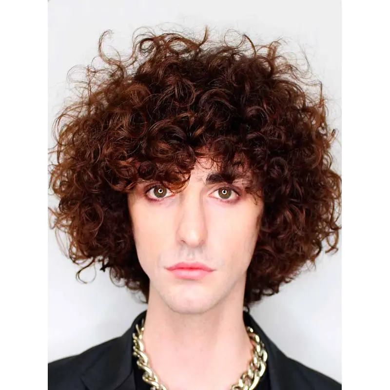 Curly Auburn 100% Hand-tied Medium Synthetic Jewfro Gender Neutral Men Wigs