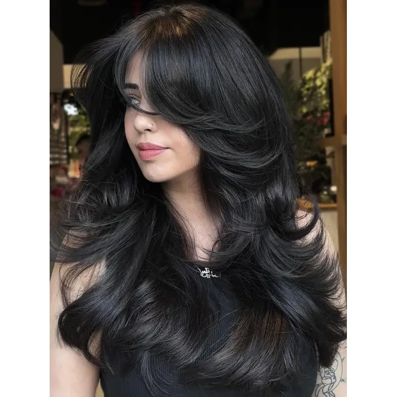 Long Black Wig Human Hair Layered Lace Front 20" Wigs