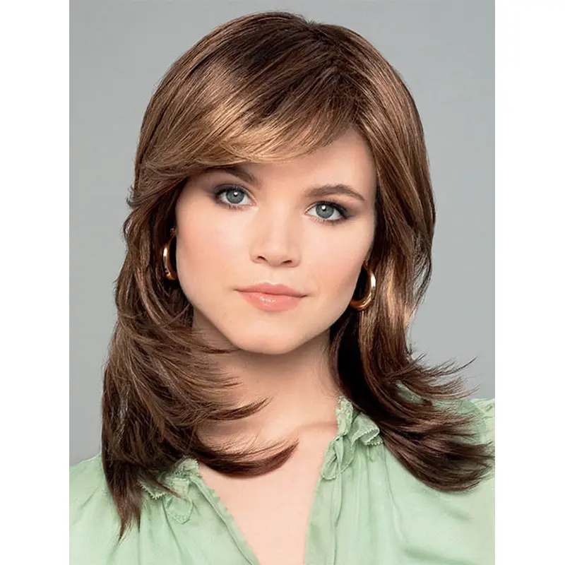 14" Monofilament Straight Brown,With Highlights Medium Wigs Ladies