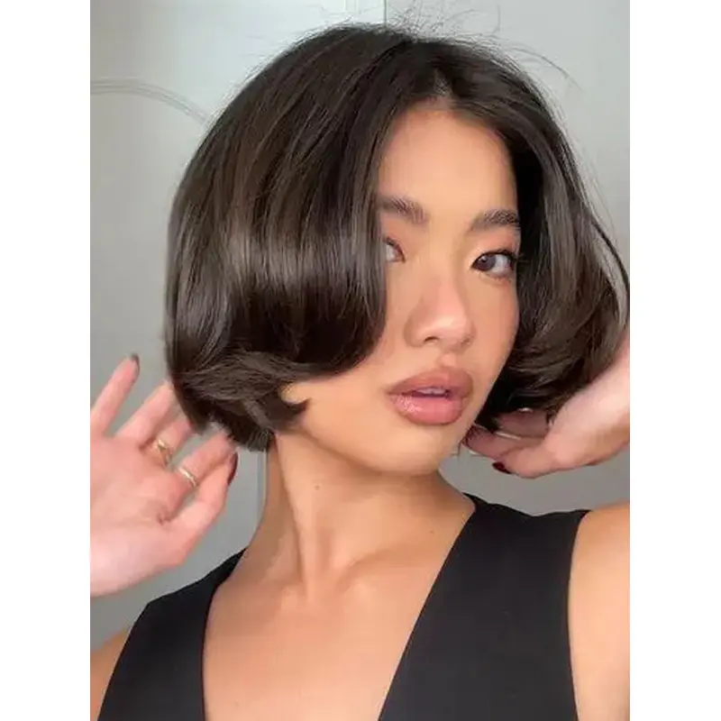 Short Black Bob Wig 8" Lace Front Layered Synthetic Wigs