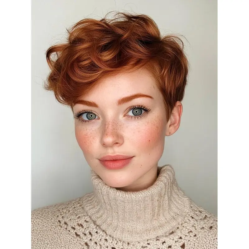 Short Pixie Human Hair Wigs 6" Boycuts Auburn Monofilament Wavy Wigs