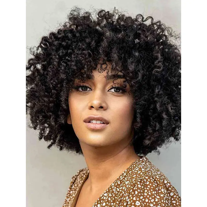 Human Hair African American Wigs Chin Length Kinky 10" With Bangs Wigs