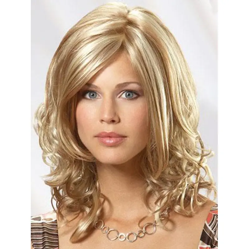 Gentle Blonde Wavy Shoulder Length Wigs For Cancer