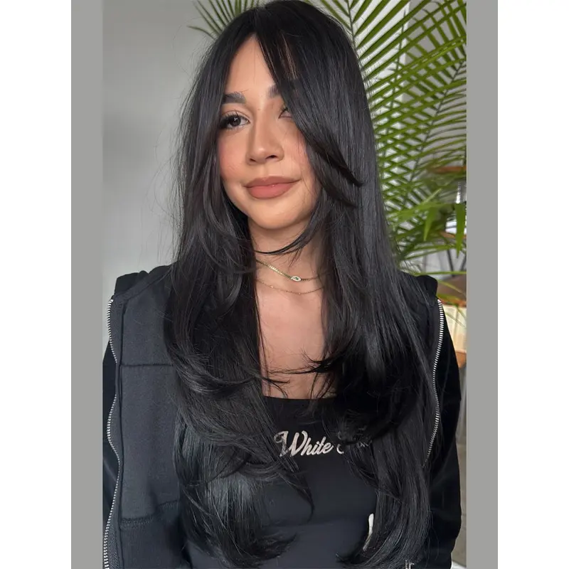 Long Black Hair Wig 24" Lace Front Layered Wigs