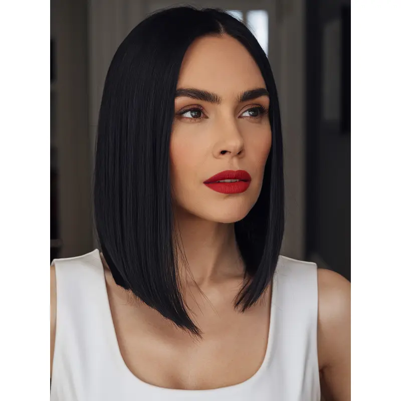 Medium Length Party Wigs For Women Bobs 12" Black Monofilament Wigs