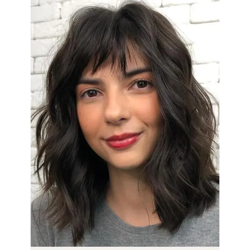 Black Bob Wig With Fringe Lace Front Black Wavy Bobs Cropped Bangs Wigs