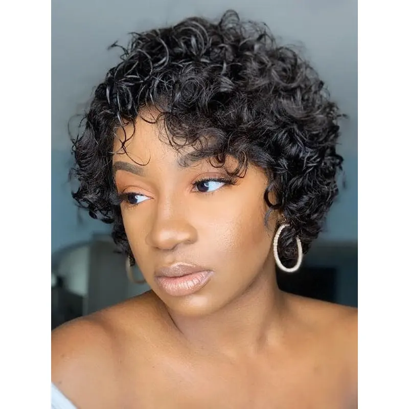Human Hair Wigs With Bangs For African American 6" Lace Front Black Wigs