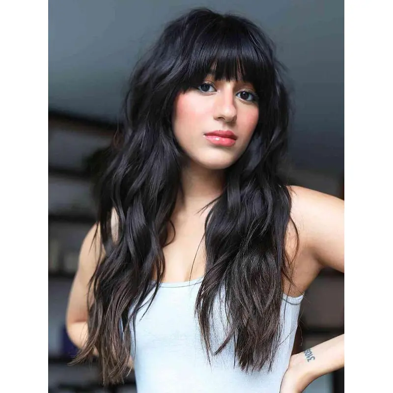 Real Human Hair Wigs Lace Front Long Wigs Wavy Natural Black With Bangs Wigs