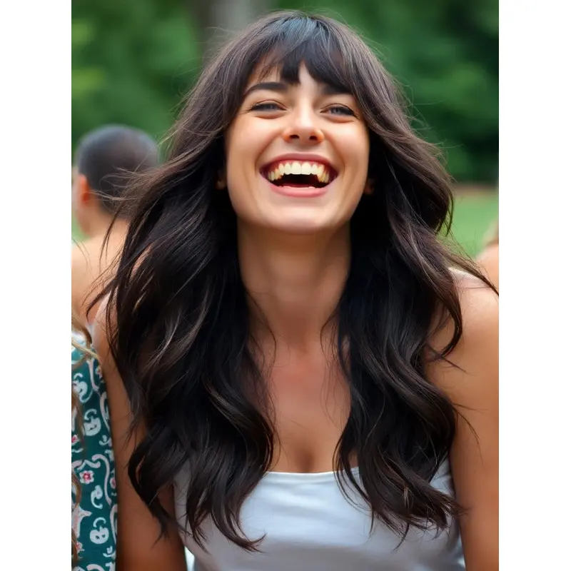 Long Black Human Hair Wig Layered Monofilament 20" Wigs