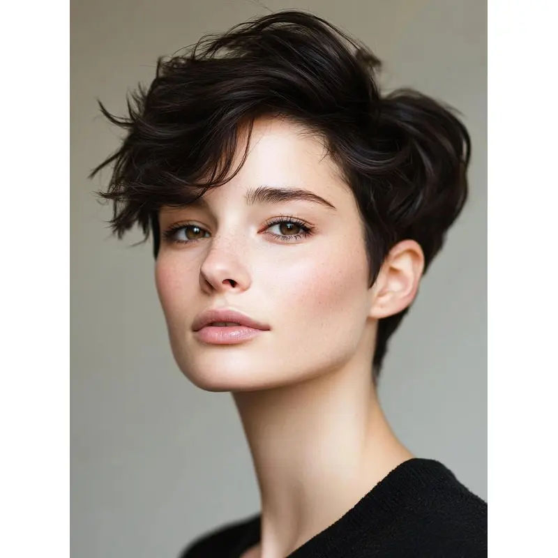 Short Pixie Human Hair Wigs 6" Boycuts Black Monofilament Wavy Wigs