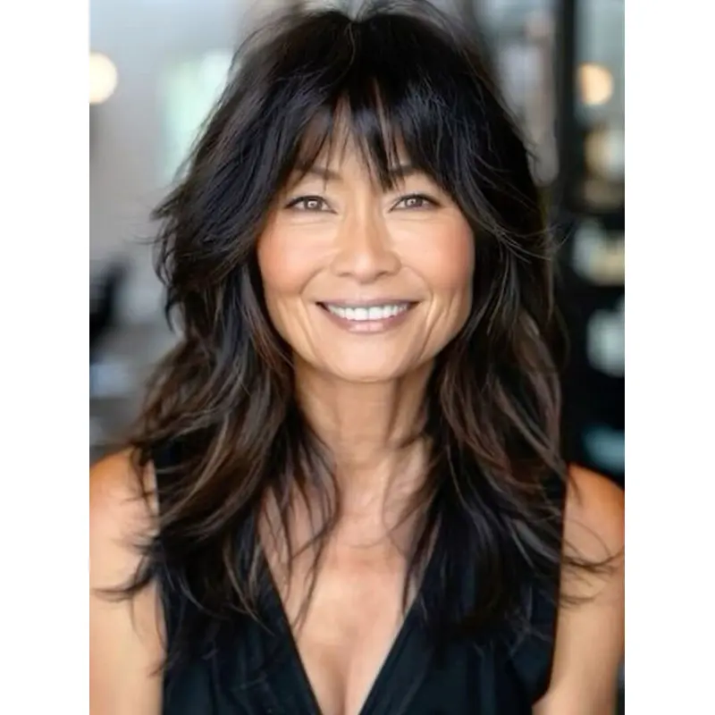 Long Black Human Hair Wig Wavy Monofilament 18" Wigs