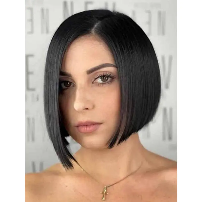 Short Black Wigs Modern Lace Front Wigs Straight Synthetic Side Part Bob Wigs