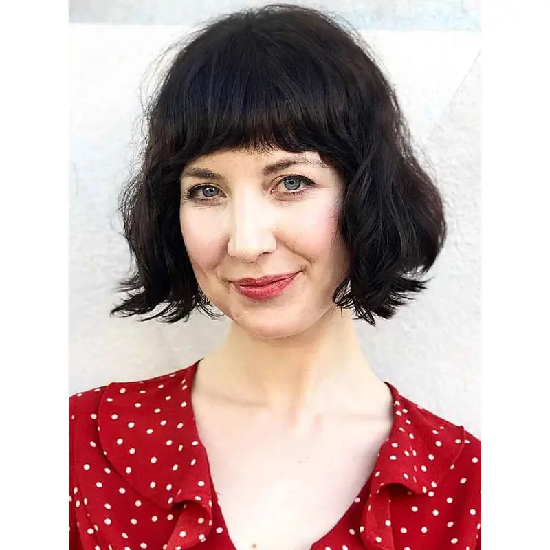 Black Bob Wig 10" Wavy Remy Human Hair With Bangs Wigs