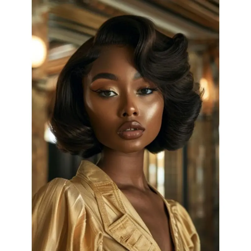 Monofilament Wigs For African American Remy Human Hair Wavy Bobs Wigs