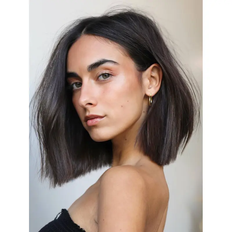 Straight Human Hair Bob Wig Black Lace Front Shoulder Length 12" Wigs