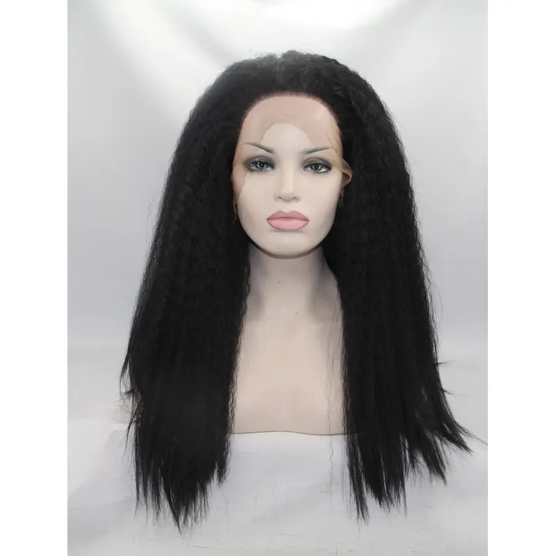 17" Kinky Synthetic Black Without Bangs Long Lace Front Wigs